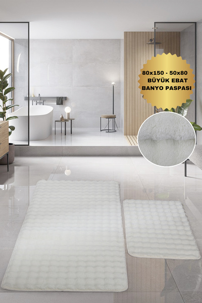 Teksev Bubble Krem Büyük Boy Banyolar İçin 2'li Banyo Paspası Seti Kaymaz Tab...