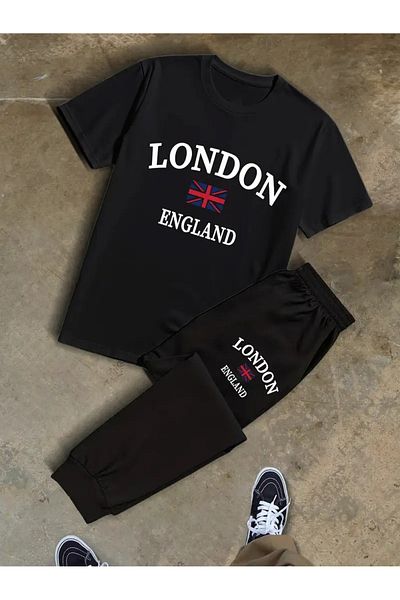 FULL TOLERANCE Мъжки комплект памучен анцуг с ластик и щампа, голям размер, LONDON ENGLAND