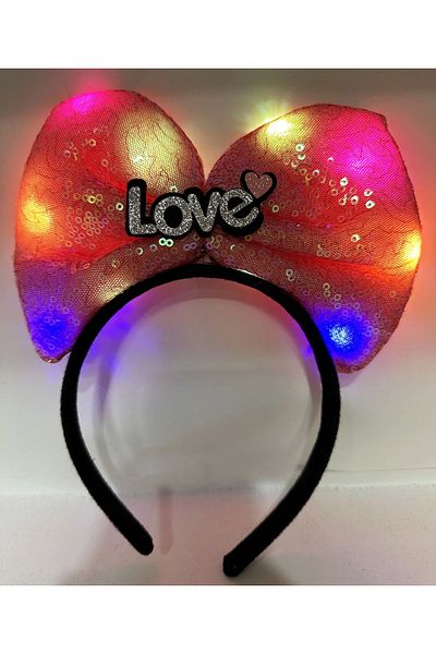 CEKAVE Silver Love Written Fuchsia Pink Bow Crown with Led Lights and 3 Different Functions 20X17 cm