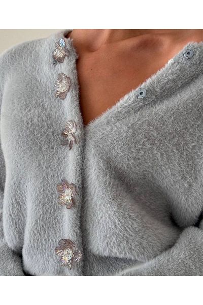 Askı Nişantaşı Gray Daisy Buttoned Soft Beard Cardigan