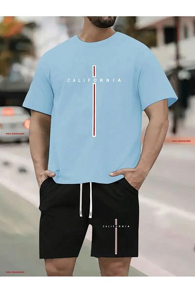 FULL TOLERANCE Unisex California Printed Cotton Short Sleeve Round Neck T-Shirt Shorts Set