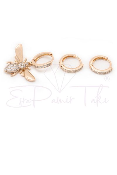 Esra Pamir Zircon Stone Rose Gold Color Bee Earring Set