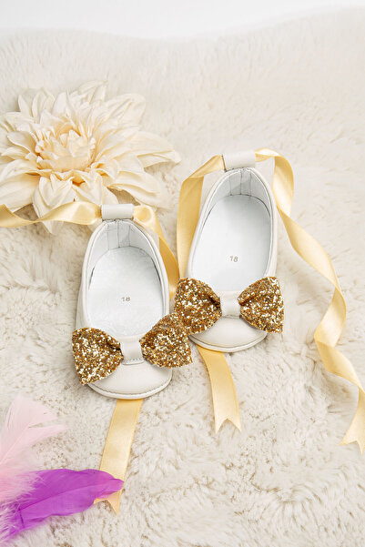 Beybium Kız Bebek Altın Taşlı Babet Hakiki Deri Beyaz