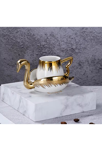 Genel Markalar Kuğulu Altın sarısı lüx kahve fincanı takımı şık model