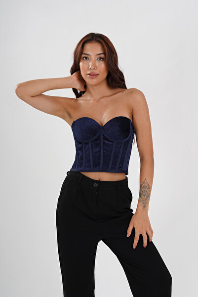 Metay Design Lacivert Simli Kadife Korse Büstiyer