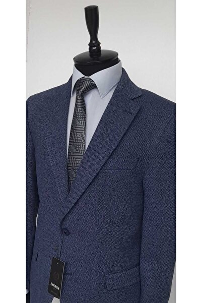 Emporium regular fit 6 drop mavi desenli kışlık yün ceket