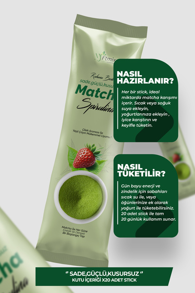 myftmix doğanın gücünü keşfet Matcha Spirulina İle Desteklenen Çilek Aromalı 20’li Stick