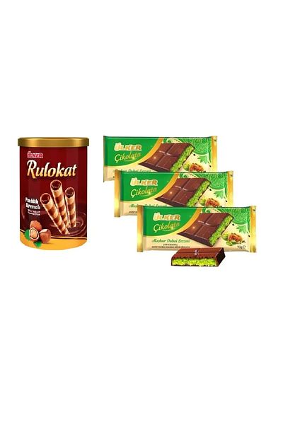 Ülker Nut Cream Rulokat Biscuits - 170 g and Dubai Chocolate - 93 g X 3 Pieces