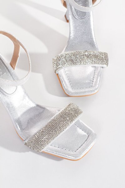 derithy Fancy Thin Heels and Rhinestones Hard Hat Sandals - Silver Satin, Summer Shoes-Vtr0311