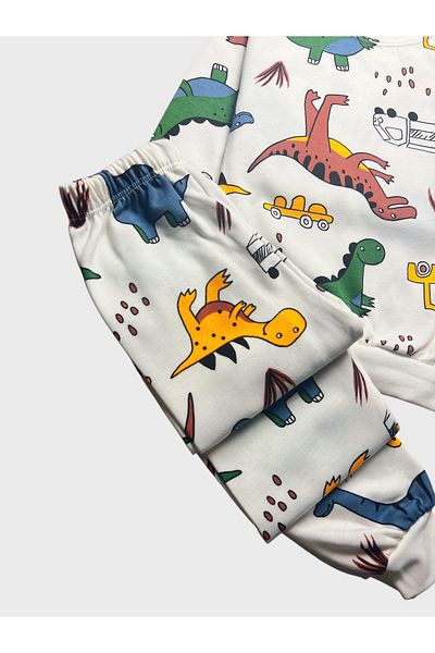 TOFU KİDS Boys' Dinosaur Print White and Colorful Cotton Long Sleeve Pajamas Set