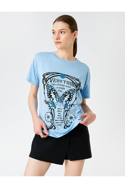 Koton Τυπωμένο μπλουζάκι με κοντό μανίκι Crew Modal με λαιμόκοψη