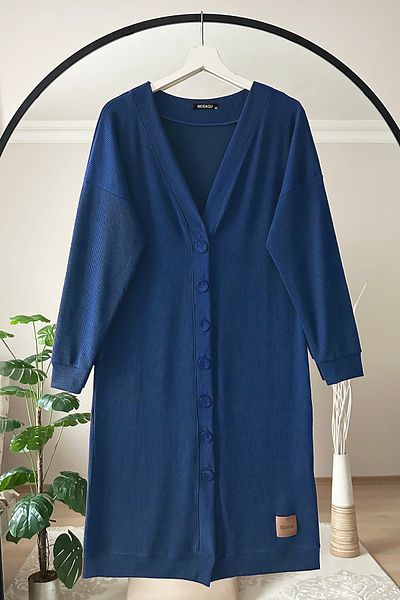 MODAQU Cardigan lung cu nervuri cu nasturi lungi - Indigo