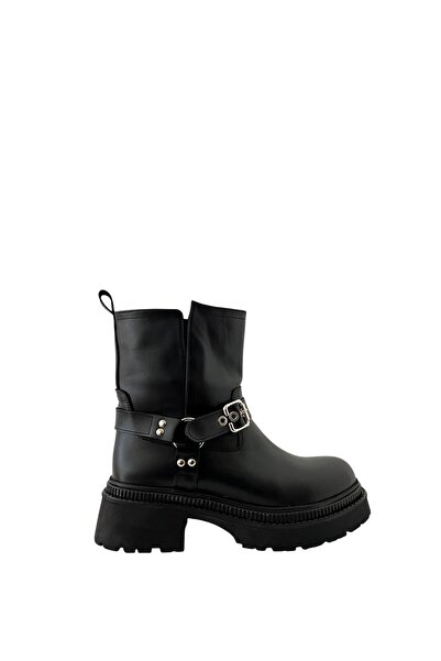 Saracshoes Gerçek Deri Kadın Bot Siyah Tokalı Stone