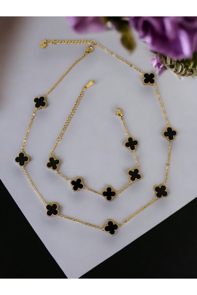 ANGELSS JEWELLERY طقم سوار وقلادة من الفولاذ باللون الأسود البرسيم (قلادة 45 سم)