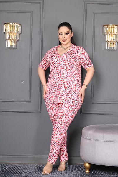 şuranur Plus Size Oversized Battal Bamboo Cotton Button-Down Collar Shirt and Pajamas Set