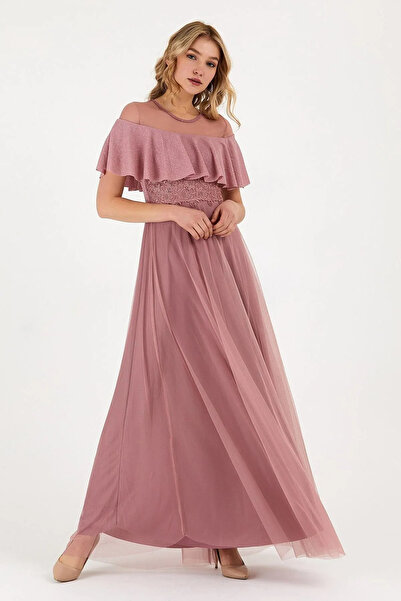 VODENS Rochie de absolvire de seară lungă, cu dantelă pudrată, cu sclipici