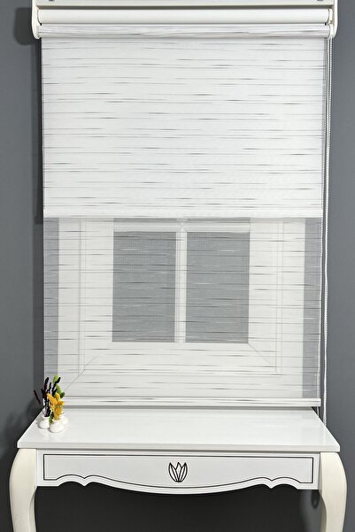 AlpiNaz Stor Perde Çiftli Sistem Modern Renkli Çizgi Tül & Mat Beyaz Stor %80...