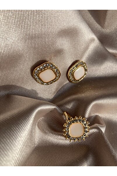 Pervin Ablacım Salmon Colored Stone Evening Dress Gold Ring Earrings Set