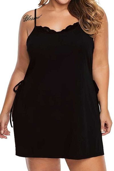 BENİMOLMALI Plus Size Sexi Mini Nightgown Side Slit Drawstring Nightgown