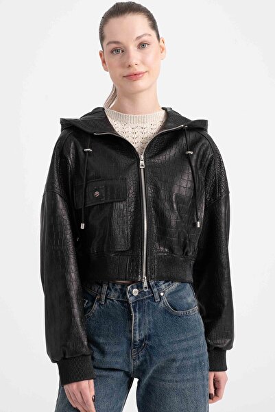 Lebeni Hakiki Deri Kısa Mont Kadın - Kroko Timsah Desenli Gerçek Deri Mevsiml...