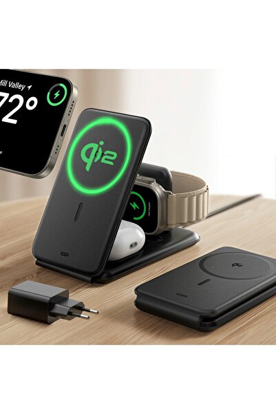 ESR Halolock 3'ü 1 Arada Deri Seyahat Seti, Magsafe, Qi2 Sertifikalı, 15w Şar...