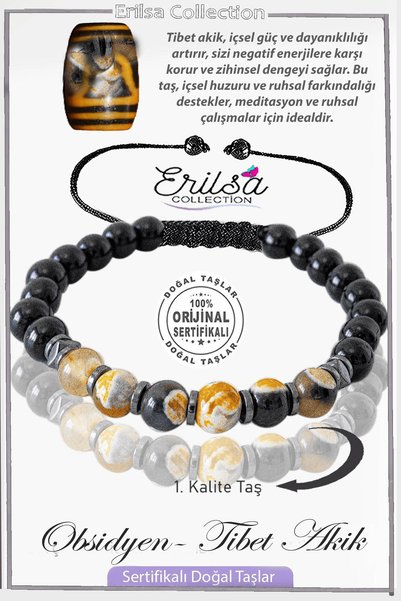 Erilsa Sertifikalı Gerçek Obsidyen - Turuncu Siyah Tibet Akiği Taşı Bileklik