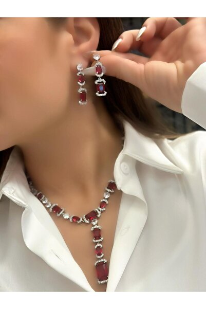 MyladyAccessoriess 22K Altın Kaplama Kırmızı Baget Taş ve Zirkon Taş Detaylı Abiye Set Takı