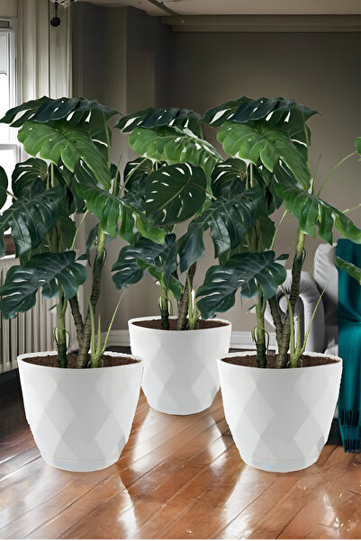 TEMMUZ HOME No6 3 Adet 15 Litre Prizma Desenli Tabaklı Plastik Saksı Yakamoz(...