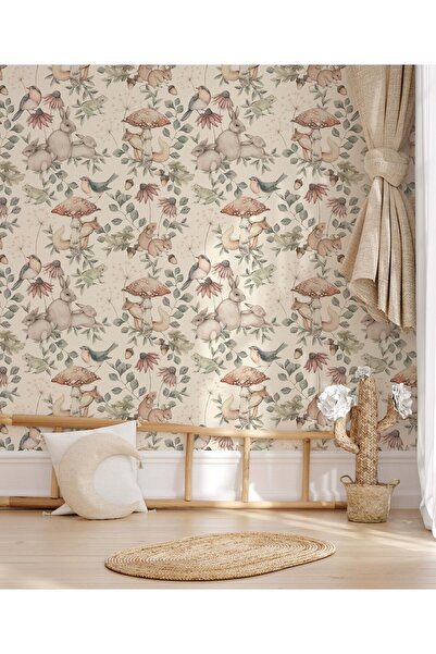 Tasarım Tavşanlar ve Mantarlar Desen Takibi Vintage Çocuk Odası Duvar Kağıdı