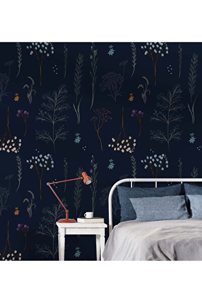 Tasarım Küçük Yapraklar Egzotik Görünümlü Koyu Zemin Duvar Kağıdı