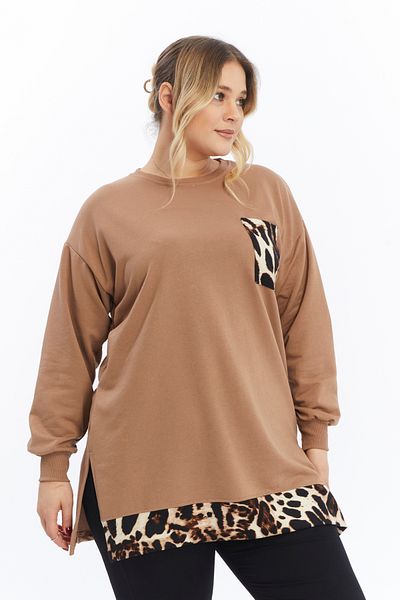 Birol Triko Women's Dark Beige Leopard Print Tunic