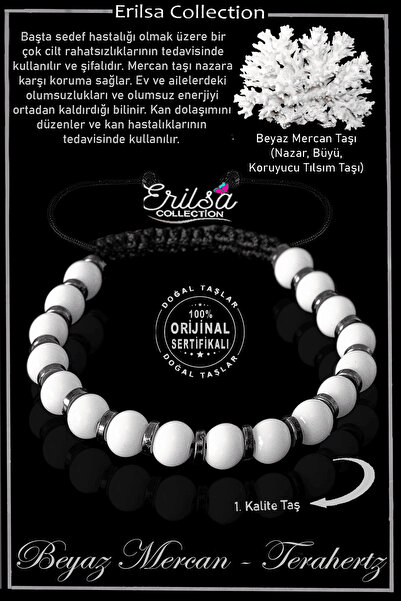 Erilsa Sertifikalı Gerçek Hematit - Beyaz Mercan Taşı Bileklik - Ayarlamalı