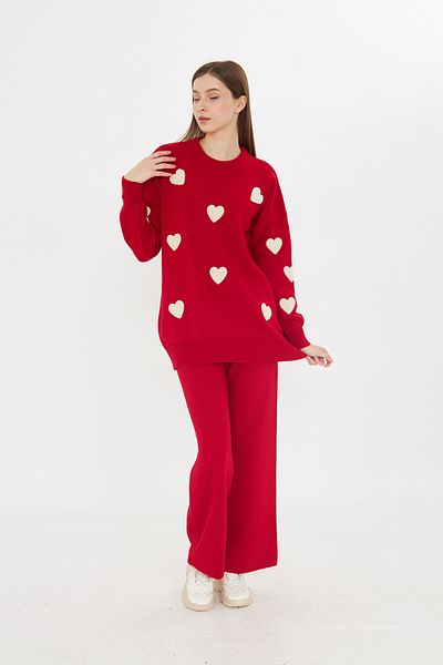 brako tekstil Women's Crew Neck Heart Sweater Pants Knitwear Bottom Top Set