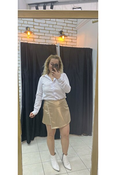 TUBA TOPTAŞ GOLD RENK TAŞLI SUNİ DERİ ŞORT ETEK