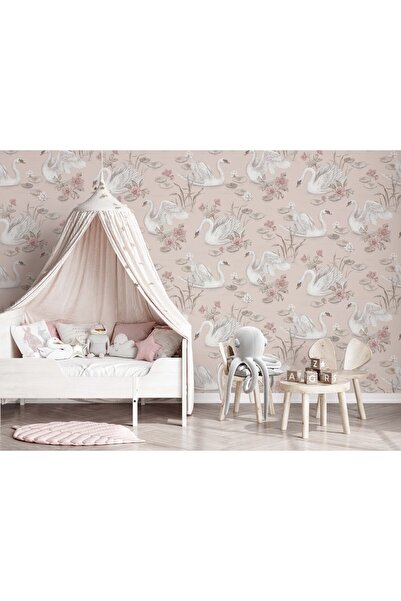 Tasarım Pembe Gölde Kuğular ve Çiçekler Duvar Kağıdı