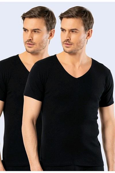 saac 2 Pcs Black 100% Cotton Deep V-Neck Short Sleeve Men's T-Shirt-Fanillas