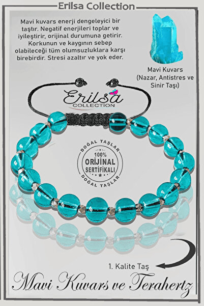 Erilsa Sertifikalı Gerçek Silver Hematit - Açık Mavi Kuvars Taşı Bileklik - A...