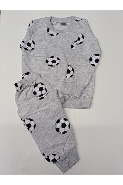 Erkek çocuk Şardonlu futbol topu desenli gri uzun pijama takımı