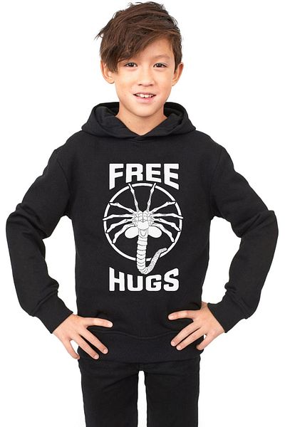 Tshirthane Детски черен суичър с качулка Facehugger Hugs - 3ip Free
