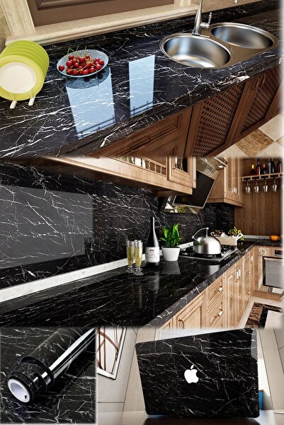 CNGZSHOP Yapışkanlı Siyah Mermer Desenli 500 X 60 Cm Dekoratif Sitcker Folyo ...