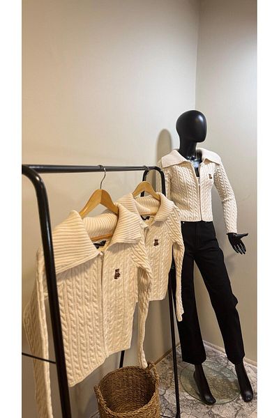 Qu Style Boutique Zippered Cream Color Cardigan with Teddy Bear Detail