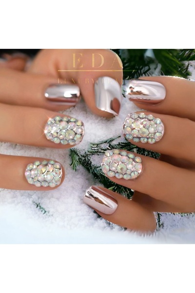 EDA LUXURY BEAUTY 24'lü Nude Pembe Metalik Takma Tırnak Lüks 3d Kristal Taşlı...