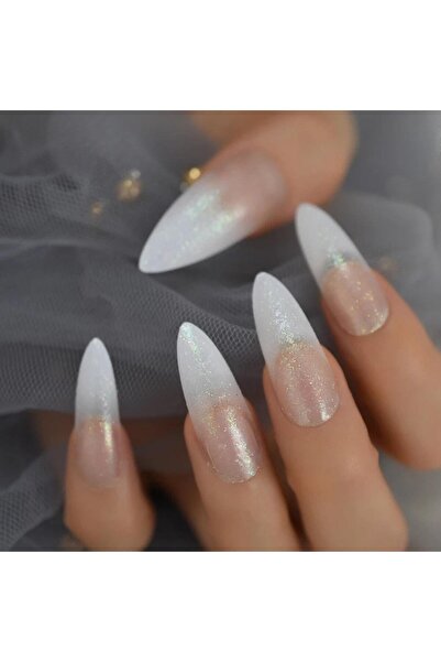 EDA LUXURY BEAUTY 24'lü Beyaz Simli Ombre French Takma Tırnak Lüks Doğal Extr...