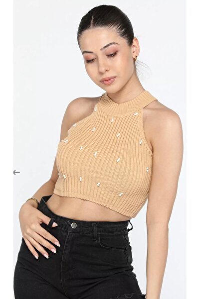 VENÜS MODA by Pınar Knitwear Crop Sleeveless Knitwear Badi Pearl Detail Sleeveless Crop Sweater