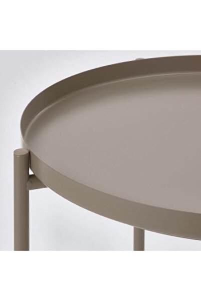 IKEA Tepsili Sehpa Yuvarlak Bej Renk Çıkarılabilir Tepsi - Modern Sehpa 45x53 cm