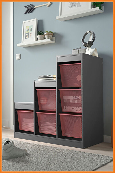 Alony Home Dolap ve 6 Adet File Kutu Raylı Basamaklı Duvara Sabitlenmeli Sunta Saklama Oyuncak 99x94x44 Kırmızı