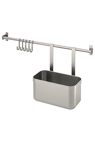 IKEA KUNGSFORS paslanmaz çelik 56 cm duvar rayı 5 adet kancalı ve kutulu