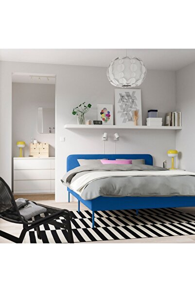 IKEA Çift Kişilik Karyola, Knisa Parlak Mavi Yumuşak Kumaş Kaplı.