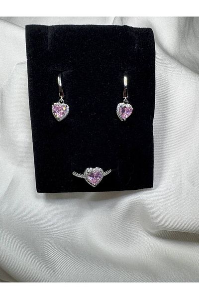 Fasion Jewelry Steel Pink Heart Ring Earring Set