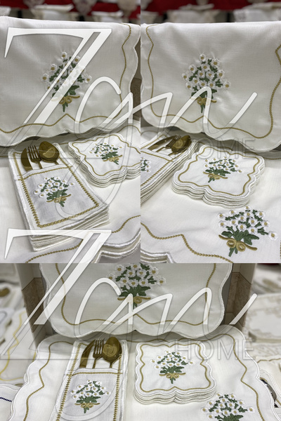 ZGNHome طقم تقديم أمريكي مطرز باللون الذهبي ديزي مكون من 19 قطعة لـ 6 أشخاص